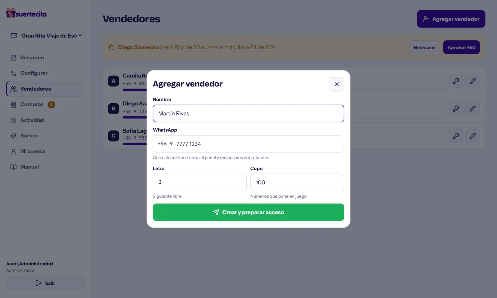 Agregar vendedor: letra sugerida y cupo