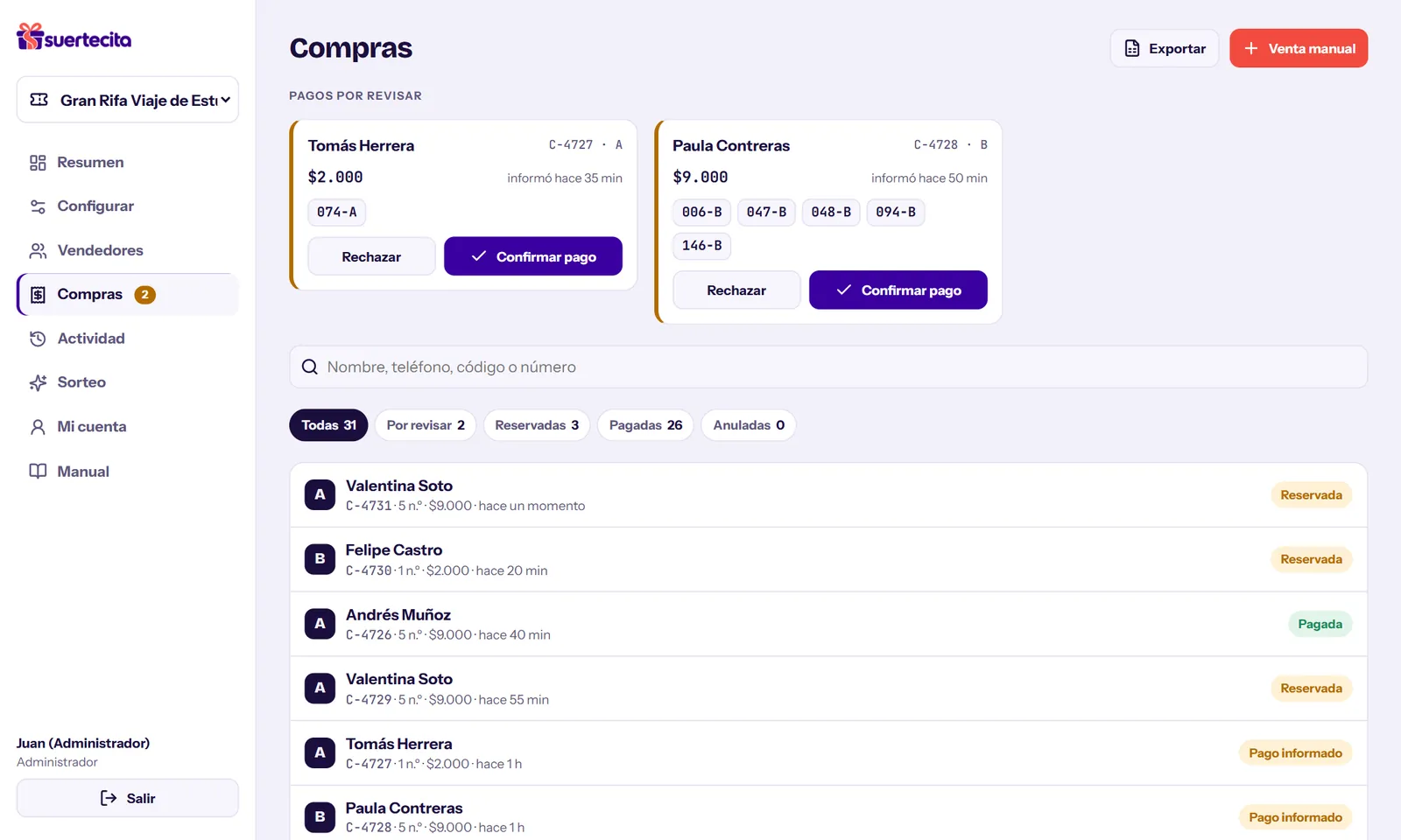 Compras: pagos por revisar y listado con filtros