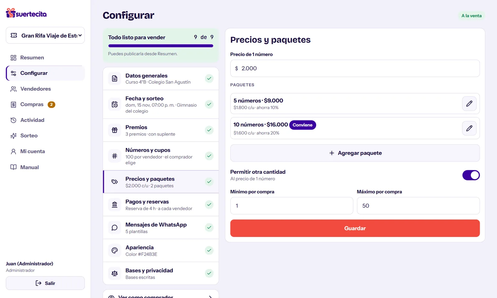 Configurar: las 9 secciones y el detalle de Precios y paquetes