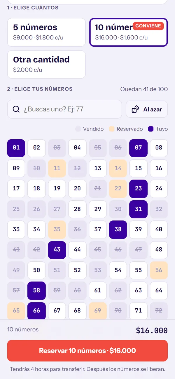Paquete y números elegidos (en morado)