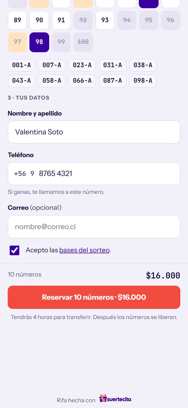 Tus datos y el botón para reservar