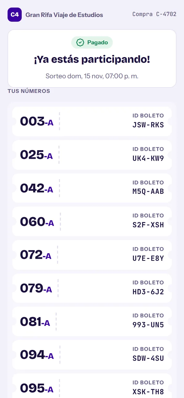 Pagado: cada número con su ID