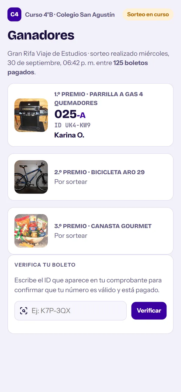 Resultados públicos y verificador de boletos