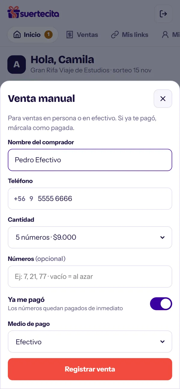 Venta manual en efectivo